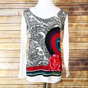 Desigual White Black Red Floral Long Sleeve Top